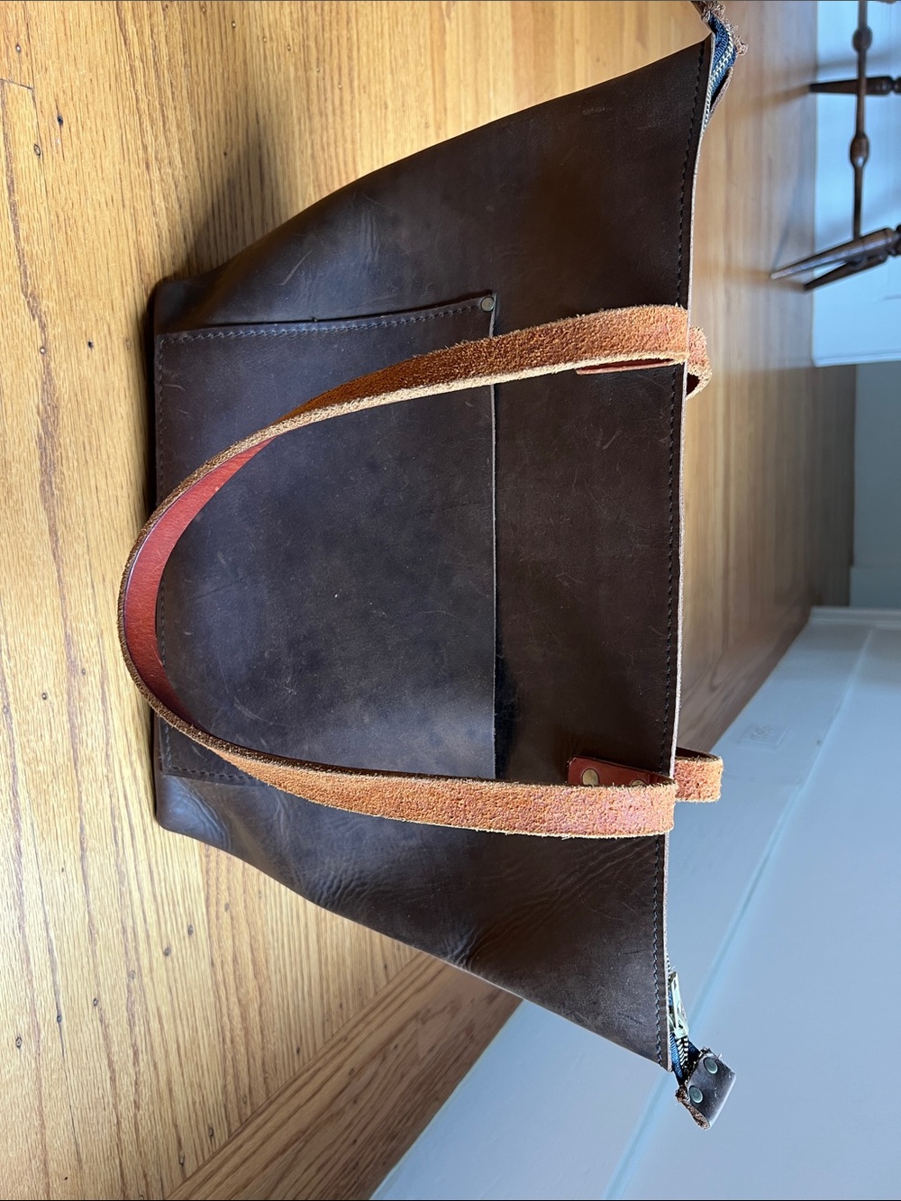 Portland Leather Dark Brown Large Full-Grain Leather Tote with Tan Straps